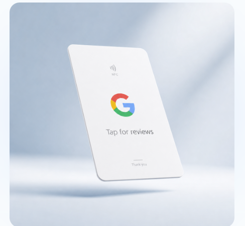 White NFC review card with Google tap-to-review design